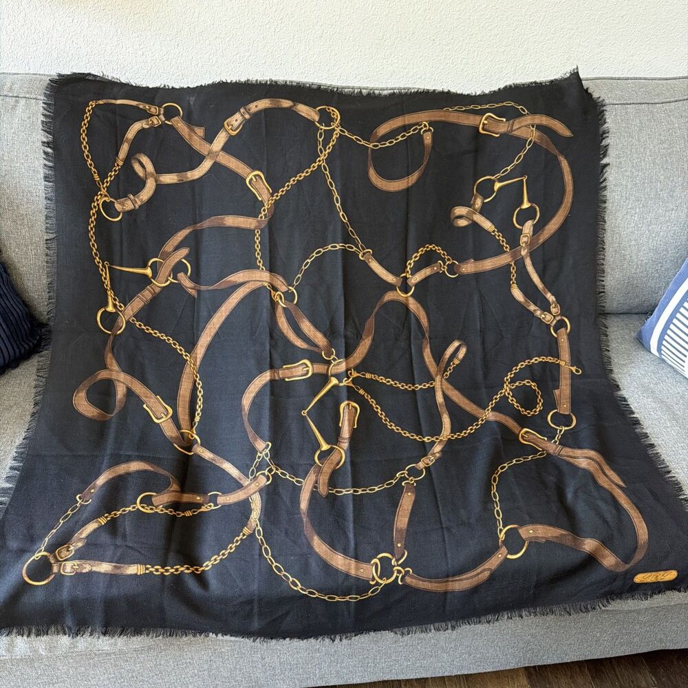 Lauren Ralph Lauren 100% Wool Equestrian Bridle Horses Black Brown Scarf 42 Inch